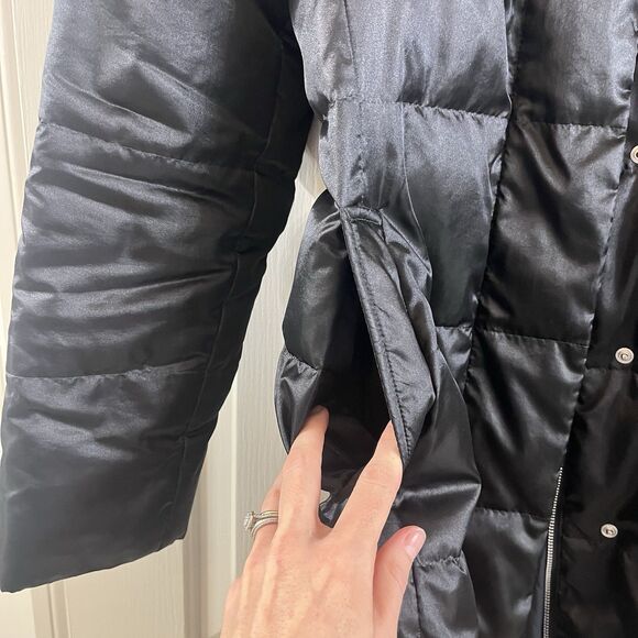Lands' End Women M 10-12 Black Satin Down Puffer Jacket Knee Length Full Zip EUC - Picture 7 of 16